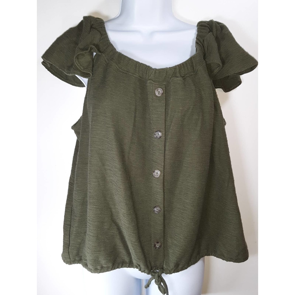 Olive Green Button-Front Blouse With Ruffled Sleeve